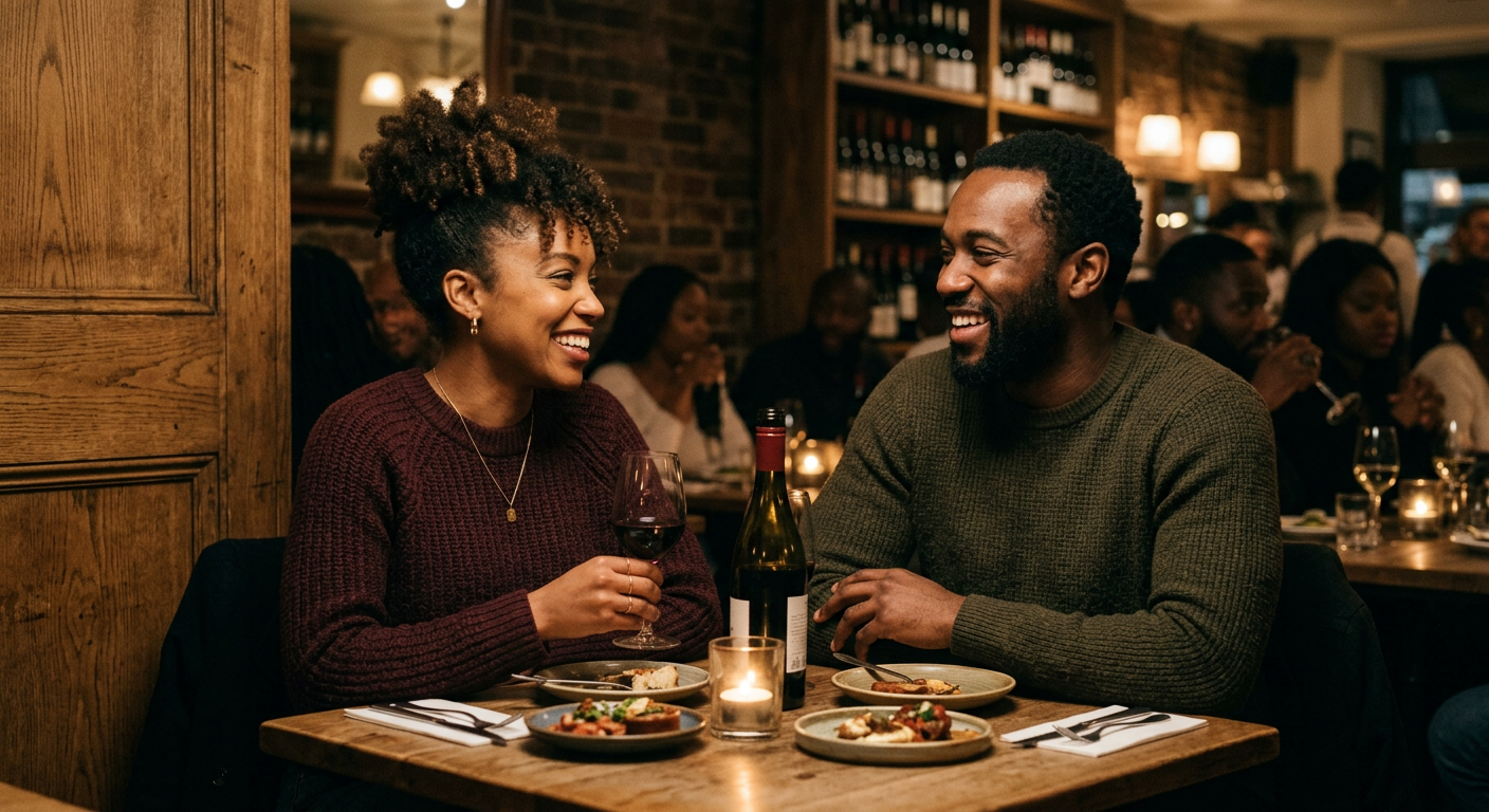 A man and woman in warm knitwear sharing a quiet, affectionate moment across a candlelit wooden table in a London restaurant.