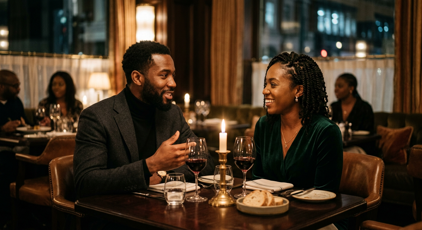 A Black man and woman sitting across from each other in an elegant restaurant having a serious conversation.