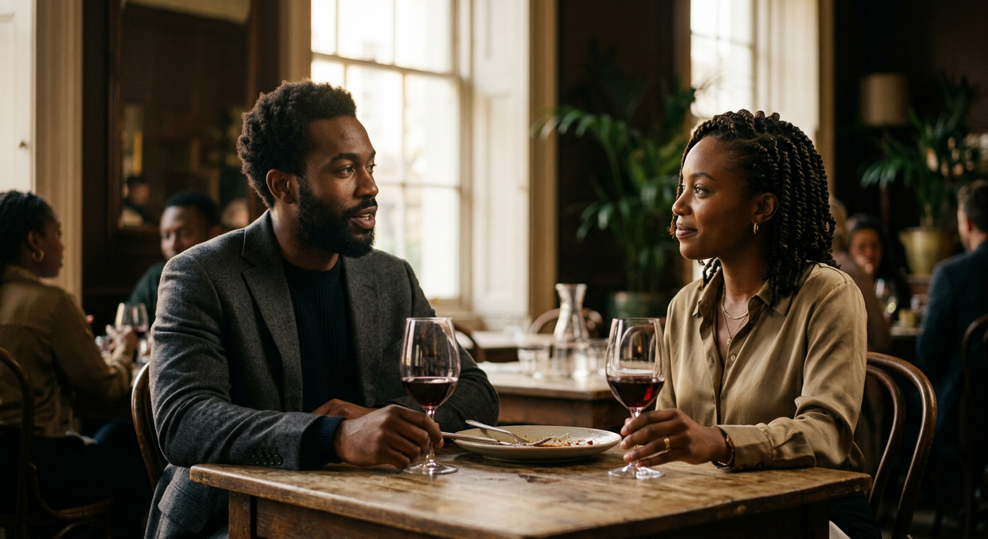 A Black man and woman in their early thirties having a thoughtful conversation at a London bistro table.