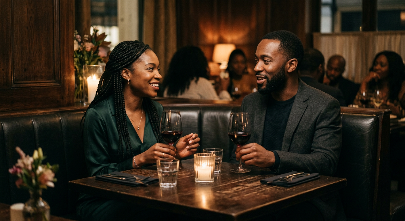 A Black man and woman in quiet, engaged conversation across a dark wooden table in a warm London restaurant.