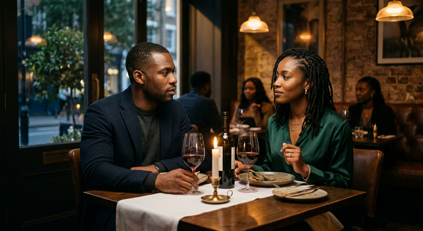 A Black man and woman in thoughtful conversation across a candlelit wooden table in a London restaurant