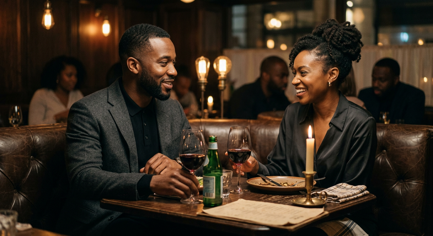 A Black man and woman engaged in an intimate conversation at a low-lit London restaurant table.