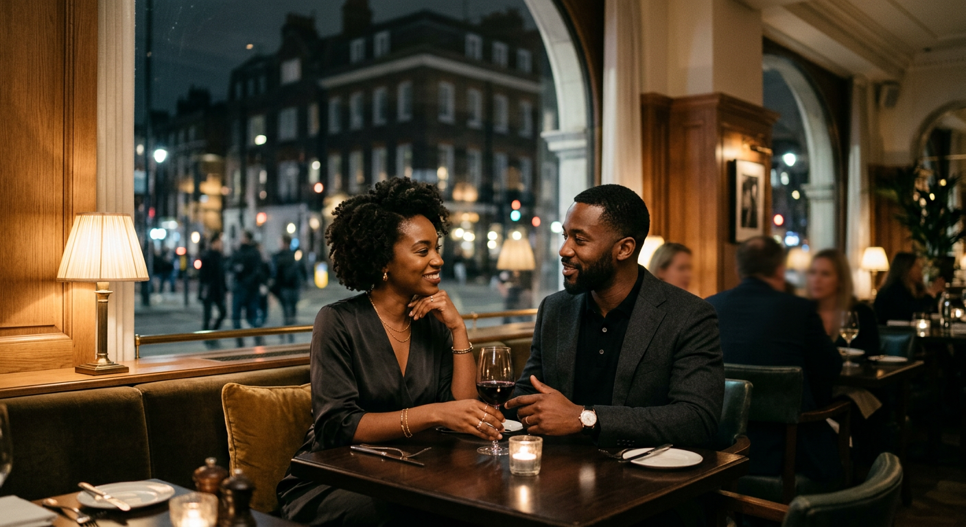 A well-dressed Black British couple talking over drinks at a dimly lit restaurant table in London.