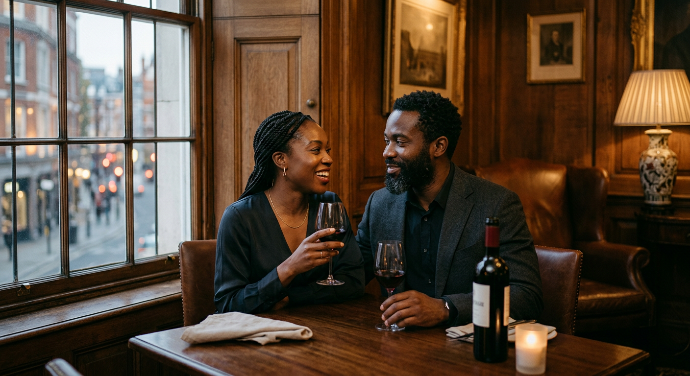 An elegant Black British couple seated by a window in a warm London room having an intimate conversation.