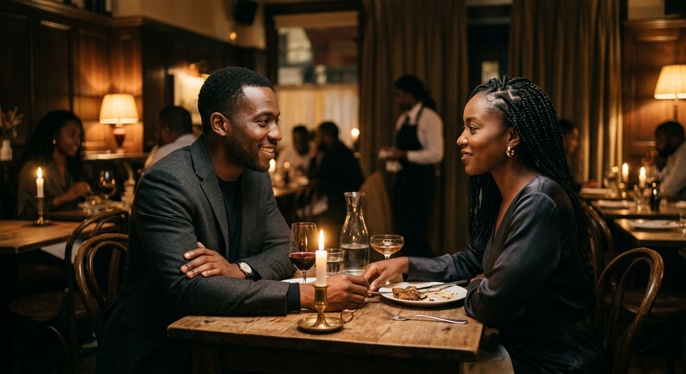 A couple seated opposite each other at an intimate, candlelit table in an elegant London dining room.
