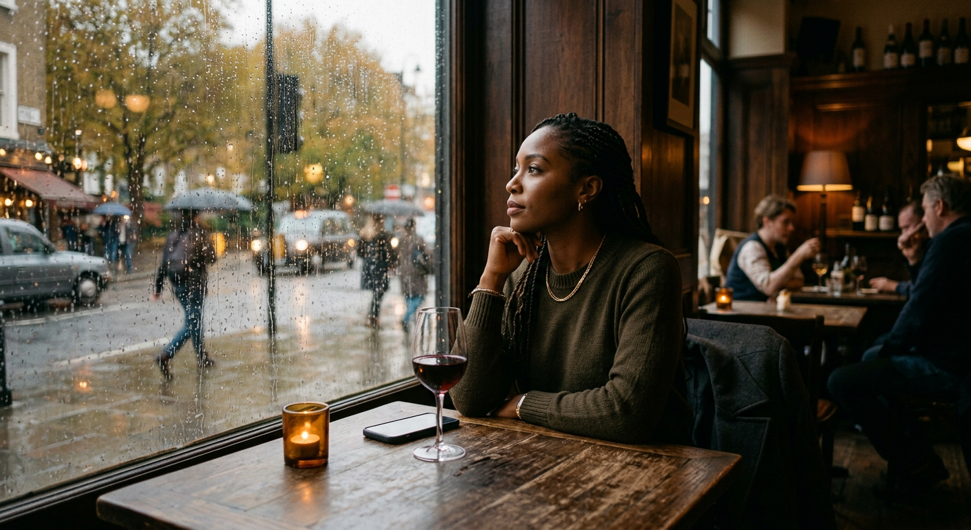 A woman sitting alone in an elegant London wine bar with her phone turned face-down on a dark wooden table.
