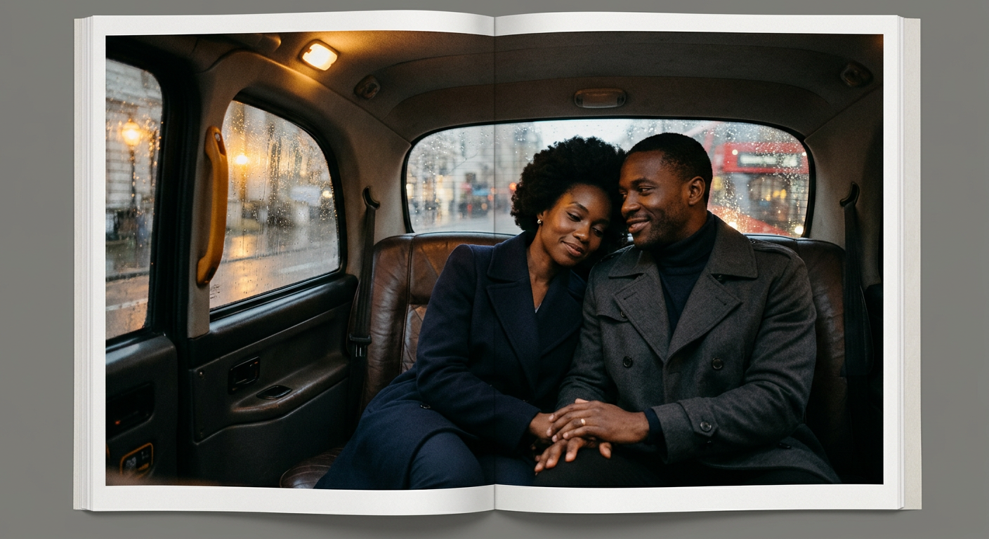 A Black man and woman sitting together in the back of a London taxi at night, looking out through rain-streaked glass.