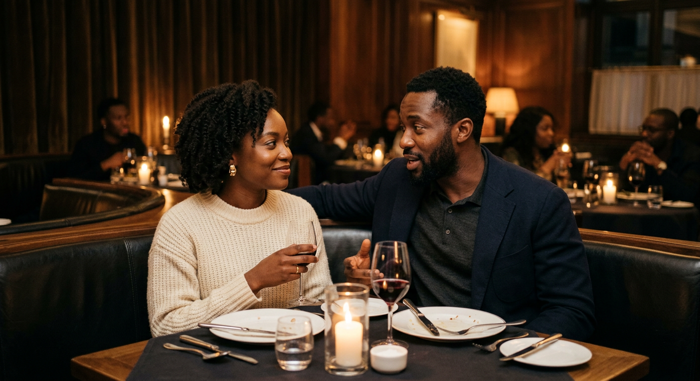 An elegant Black couple engaged in thoughtful conversation at an intimate London dinner table.