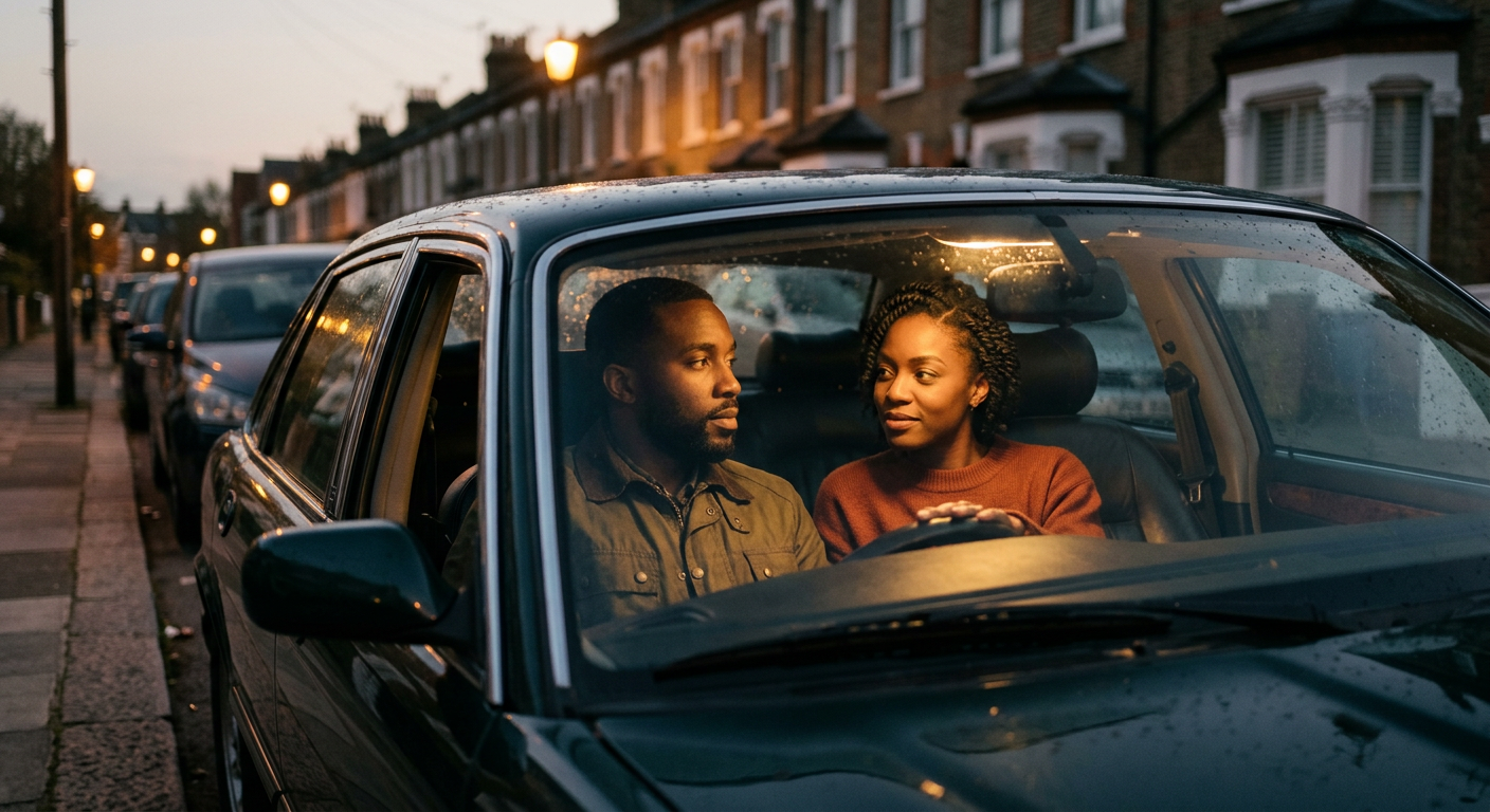 A Black British couple sitting inside a car on a London street at dusk, deep in thoughtful conversation.