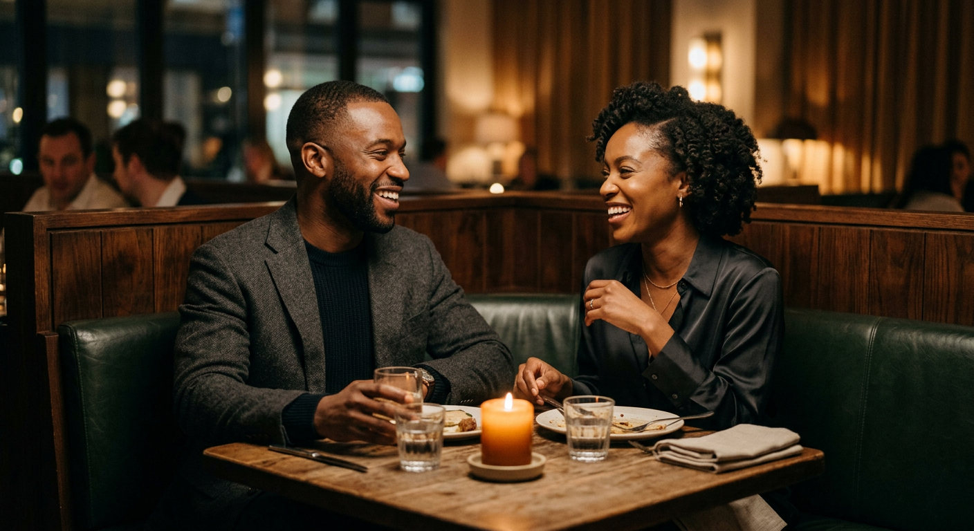 A Black man and woman smiling in conversation across a candlelit table in a London restaurant.