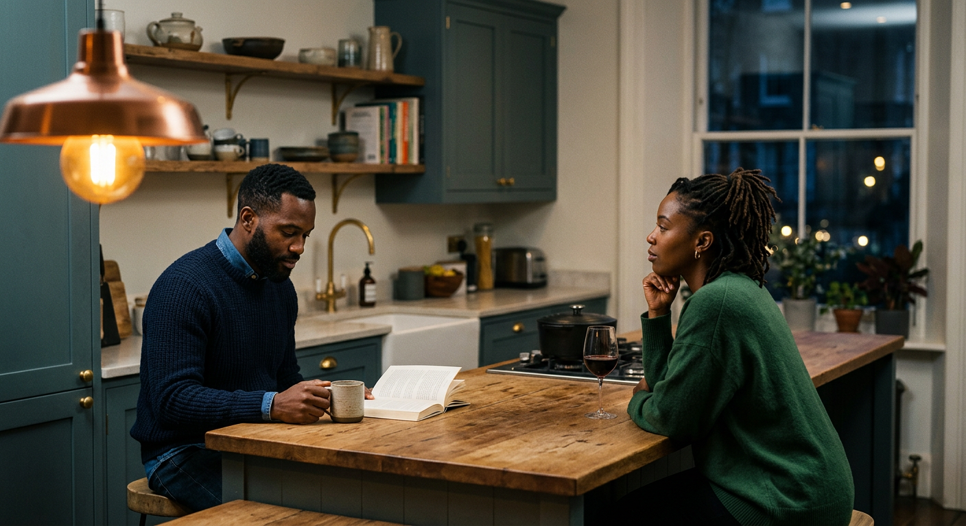 A man and woman sitting thoughtfully at opposite sides of a warm, low-lit London kitchen in the evening.
