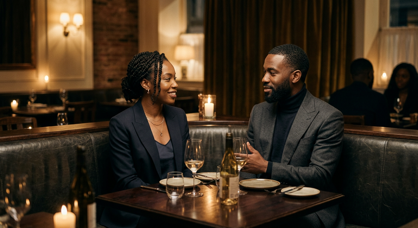 A man and woman having an intimate conversation at an elegant restaurant table in London