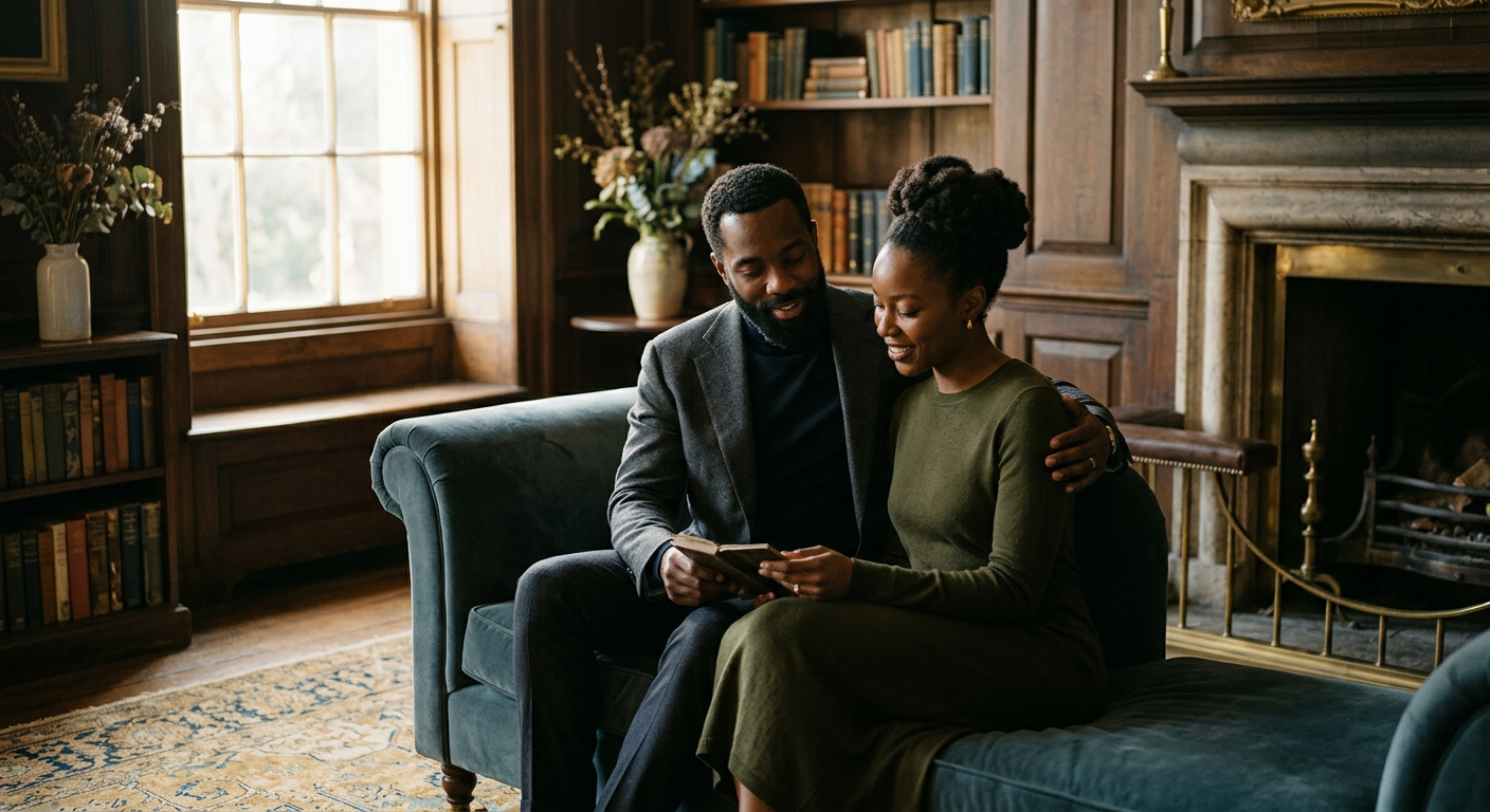 A man and woman sitting together in a warm, sunlit London living room, caught in a candid, quiet conversation.