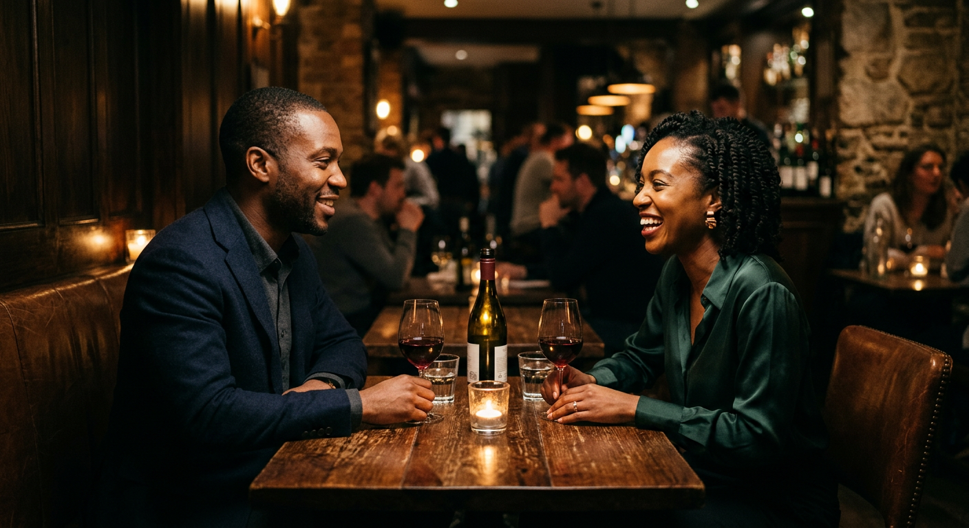 A man and woman sharing an engaging conversation across a candlelit table in an intimate London restaurant.