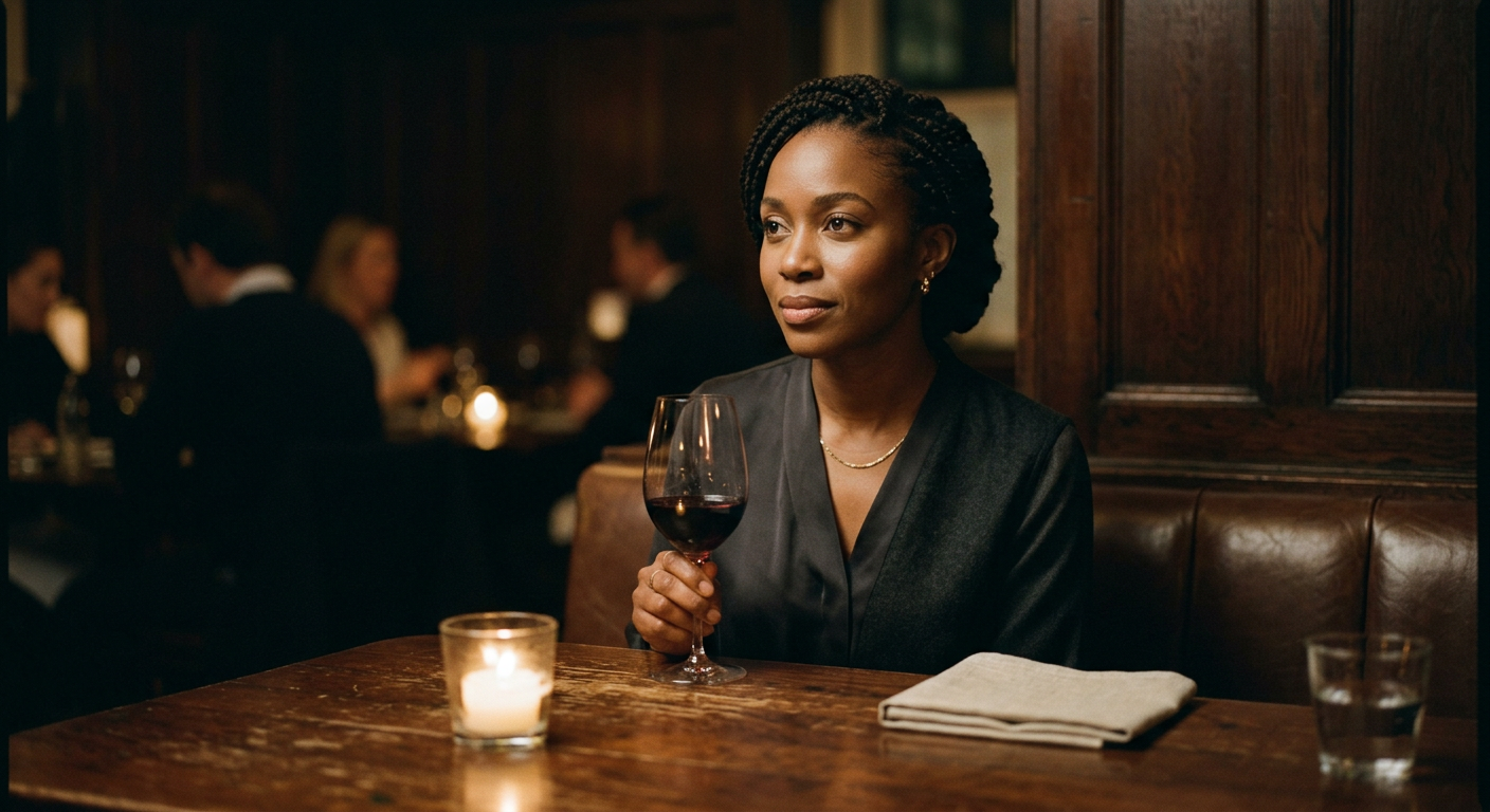 A thoughtful Black woman sitting at a candlelit London restaurant table with a glass of red wine.