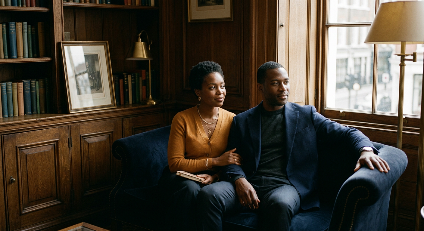 A man and a woman sitting near a sunlit window in an elegant London room, engaged in quiet conversation.